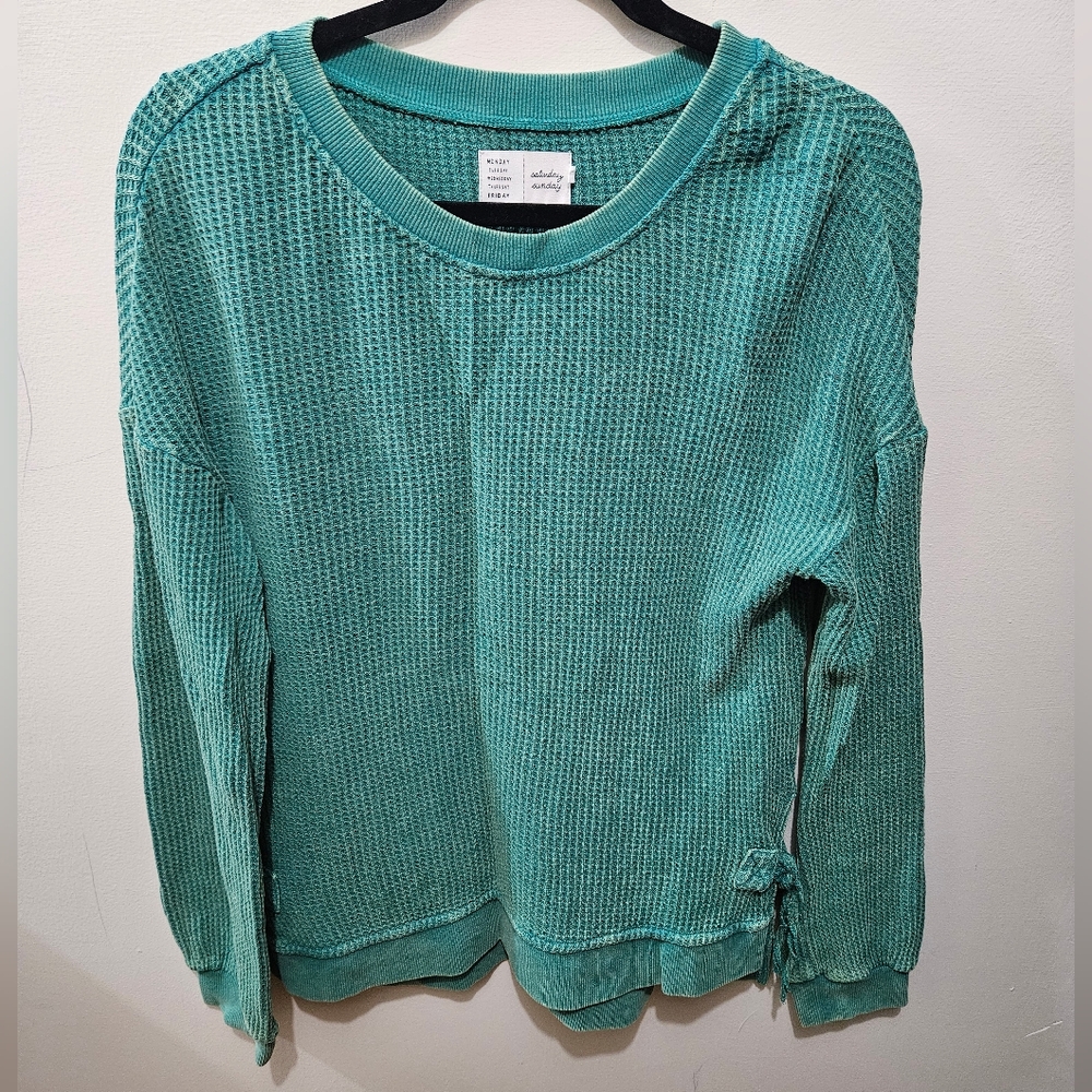 Saturday Sunday Anthropologie Green Waffle Knit Crewneck Cotton Top Shirt XS